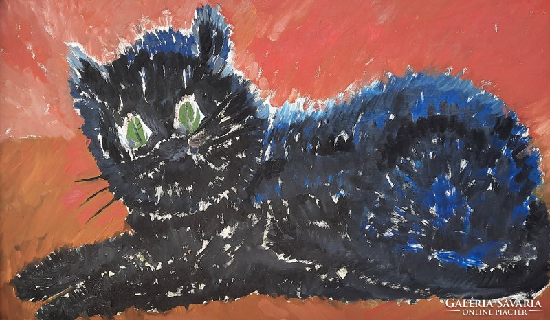 Resting black kitten (oil painting frame, 75x47 cm) animal picture, cat