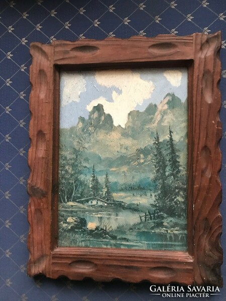 Painting made with oil technique. Mountain landscape, in a beautiful wooden frame, the work of an unknown painter.