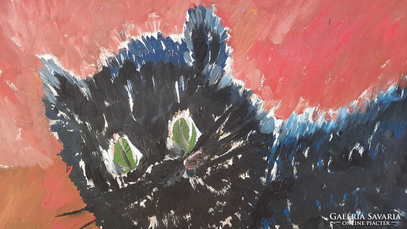 Pihenő fekete cica (olajfestmény keretben, 75x47 cm) állatkép, macska
