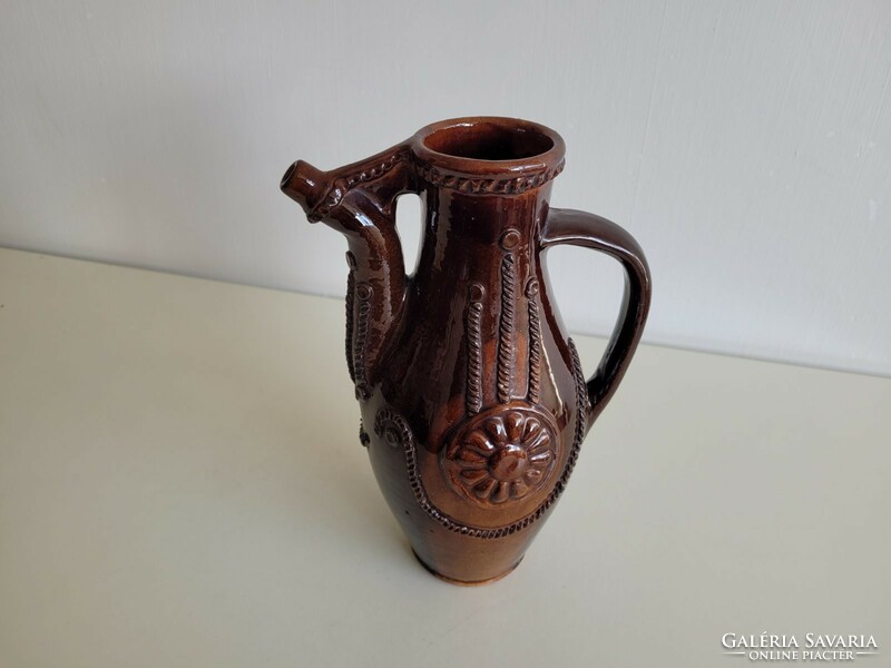 Old brown glazed ceramic retro jug convex 27.5 cm patterned spout