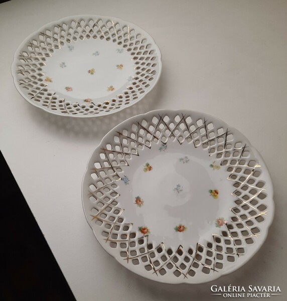 2 antique porcelain cake plates with openwork edges with a flower pattern