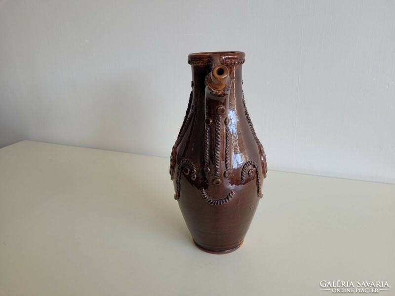 Old brown glazed ceramic retro jug convex 27.5 cm patterned spout