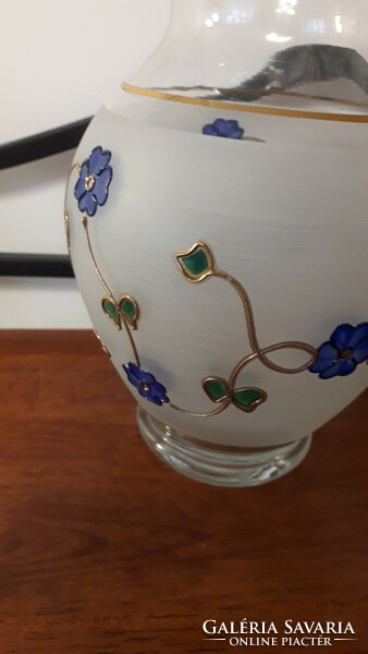 Glass vase 19.2 cm high, blue flowers