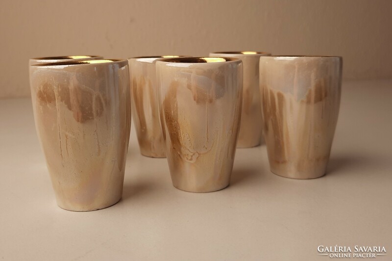 6 retro ceramic liqueur glasses, gilded inside