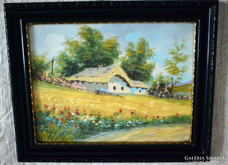 Farm world, cheerful countryside painting tempera 33 x 25 cm framed picture