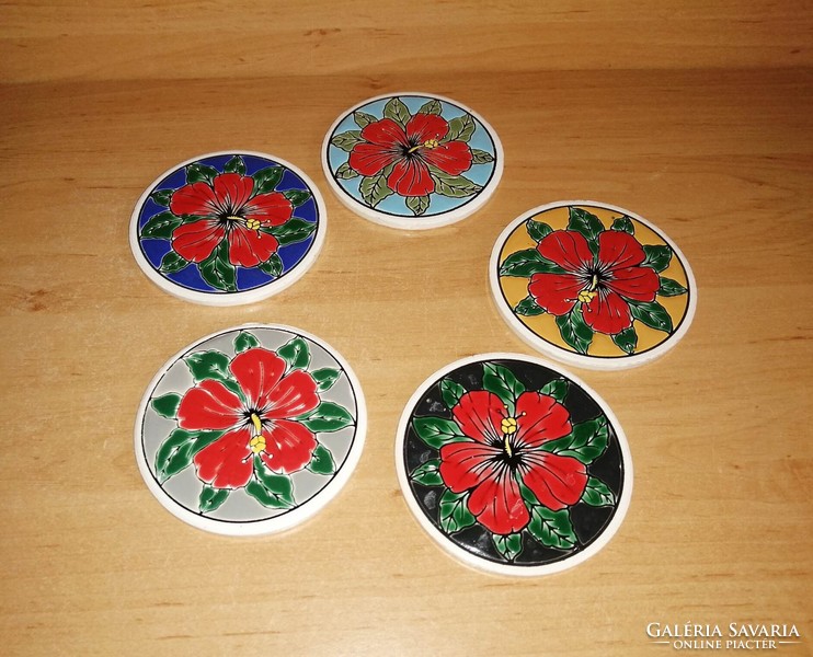 Greek hand-made fire enamel ceramic coaster with flower pattern 5 pieces in one 9 cm (z-2)