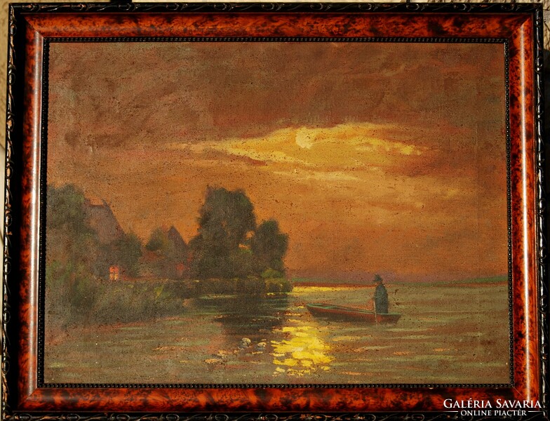 Visnyai z.: Boatman in moonlight - oil on canvas painting, framed