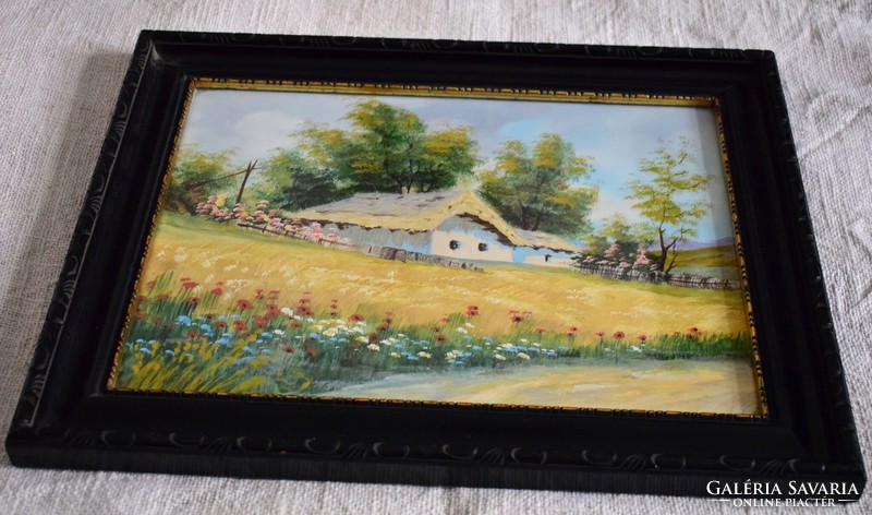 Farm world, cheerful countryside painting tempera 33 x 25 cm framed picture