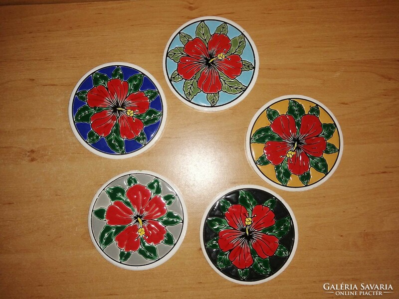 Greek hand-made fire enamel ceramic coaster with flower pattern 5 pieces in one 9 cm (z-2)