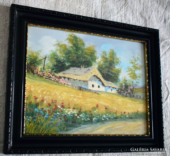 Farm world, cheerful countryside painting tempera 33 x 25 cm framed picture