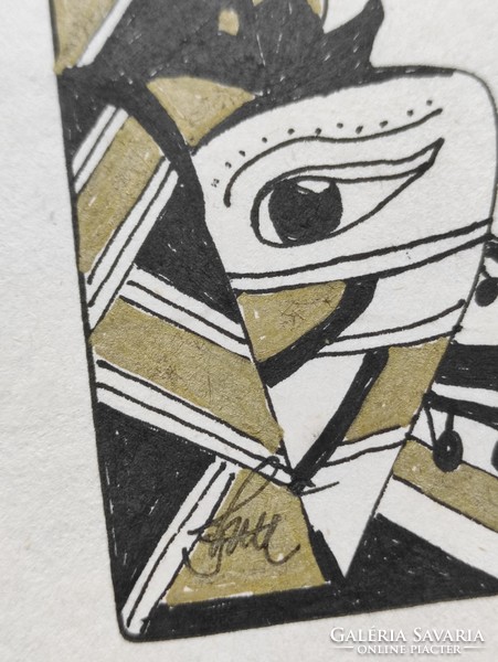 Original Saxon Charles Stephen abstract ink drawing artwork black white gold color