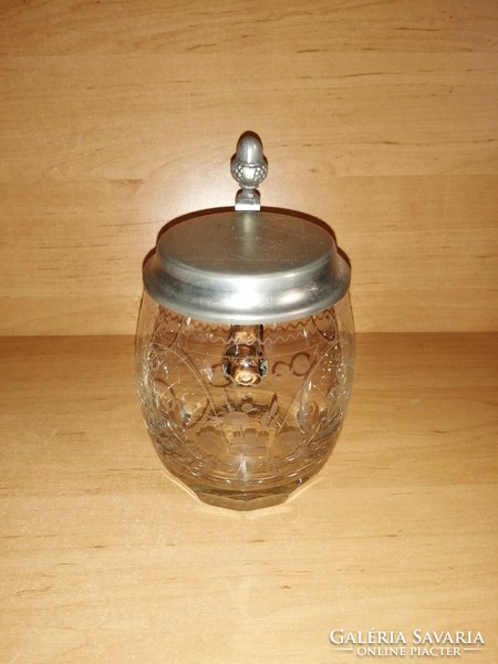 Half liter German engraved glass beer mug with tin lid (b)