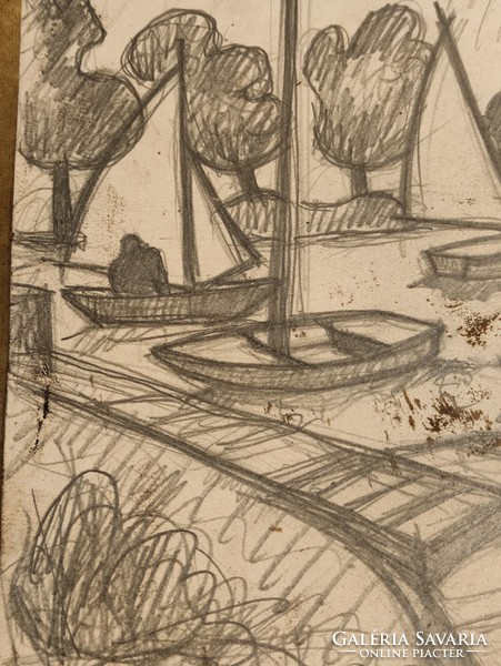 Korényi Attila kortárs festő balatoni kikötő hajókkal monotipia ceruzavázlat keretnélkül