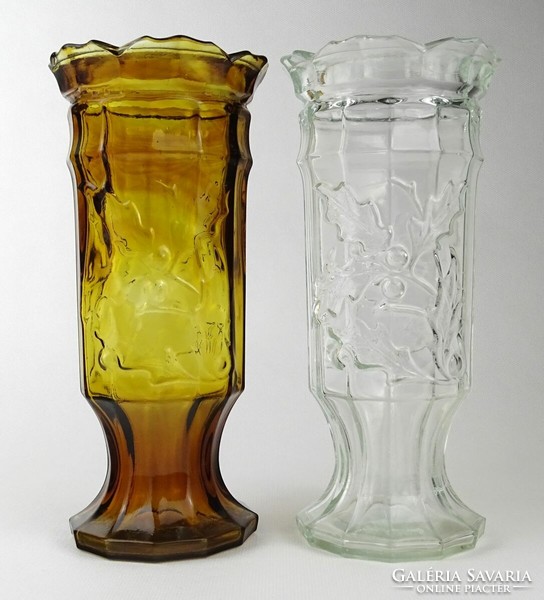 1M905 Régi magyal leveles borostyán és fehér üveg váza pár 20.5 cm