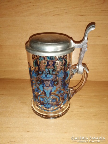 Half liter German glass beer mug with tin lid (b)