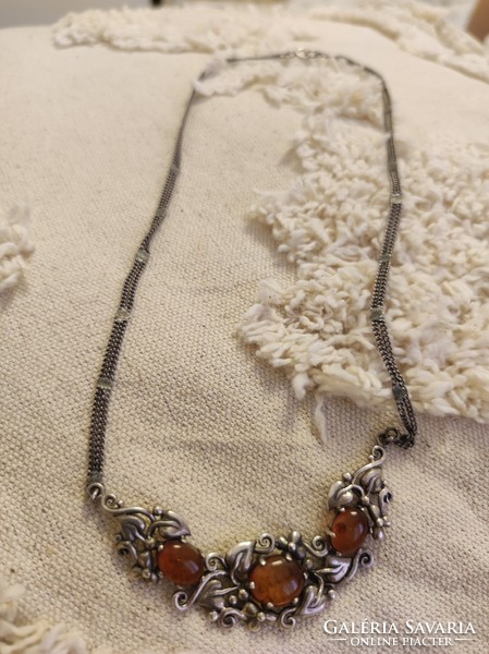 Israeli silver necklace with amber stones