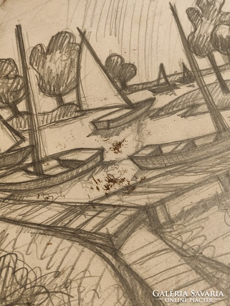 Contemporary painter Attila Korényi, Balaton harbor with ships, monotype pencil sketch without frame