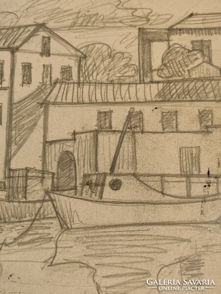 Korényi Attila kortárs festő tengeri kikötő hajókkal monotipia ceruzavázlat keretnélkül
