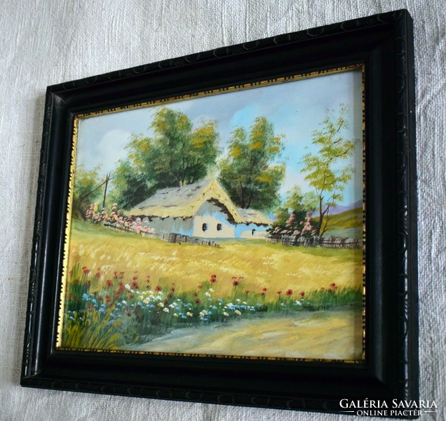 Tanyavilág , vidám vidék festmény tempera 33 x 25 cm keretezett kép