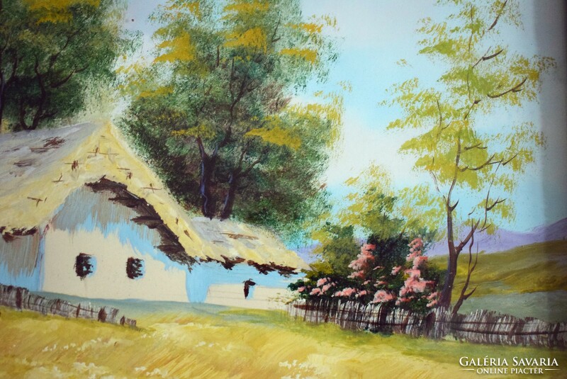 Tanyavilág , vidám vidék festmény tempera 33 x 25 cm keretezett kép