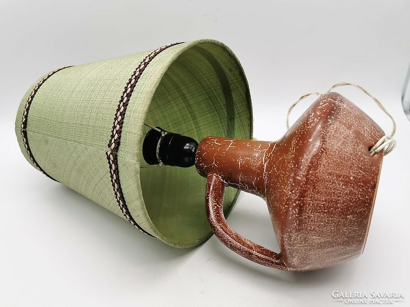 Retro ceramic lamp, with original green shade, marked Kerezsi, 38.5 cm high