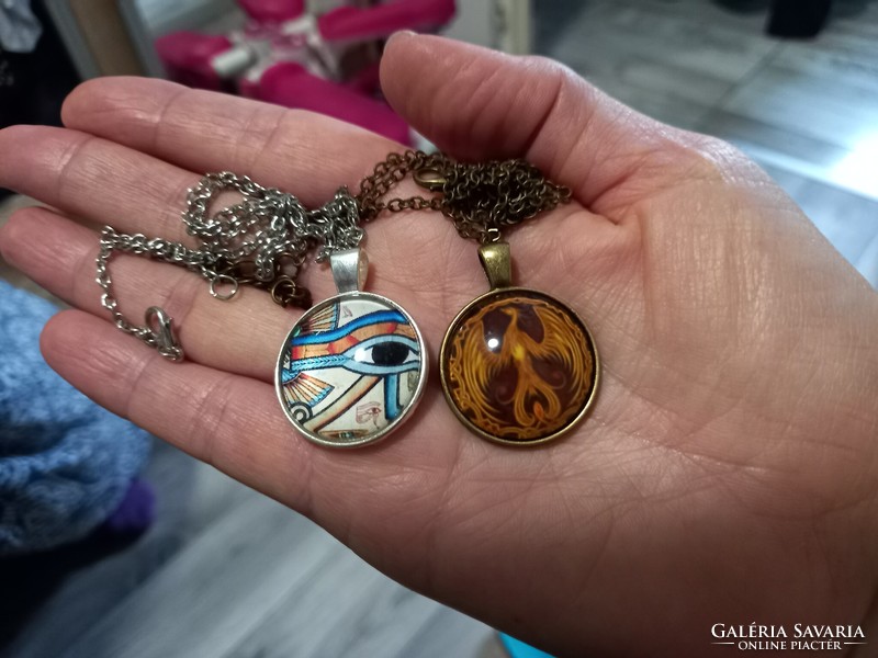 Bronze and silver-plated pendants, sun/moon amulets with glass lenses