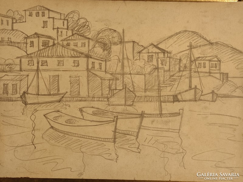 Korényi Attila kortárs festő tengeri kikötő hajókkal monotipia ceruzavázlat keretnélkül