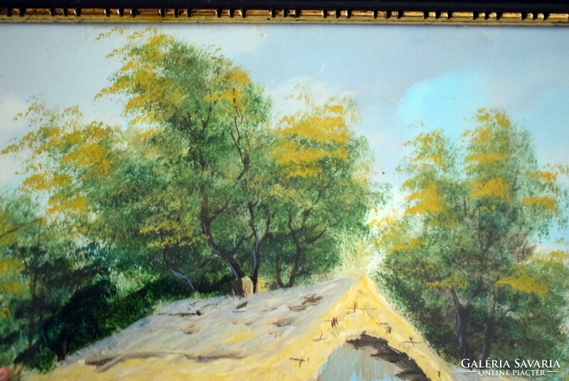 Tanyavilág , vidám vidék festmény tempera 33 x 25 cm keretezett kép