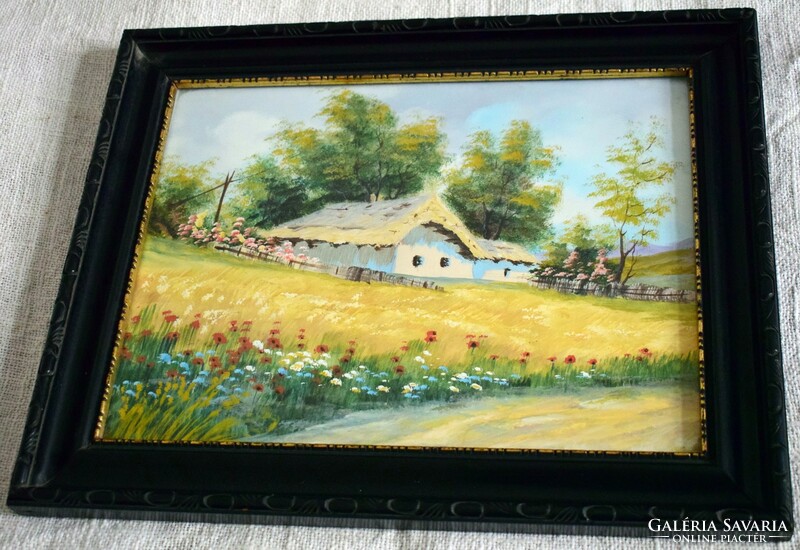 Farm world, cheerful countryside painting tempera 33 x 25 cm framed picture