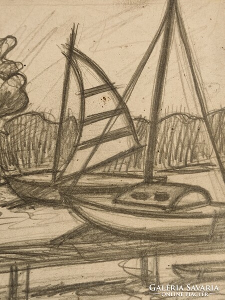 Contemporary painter Attila Korényi, Balaton harbor with ships, monotype pencil sketch without frame