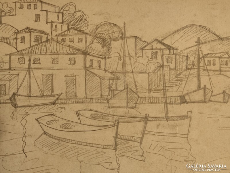 Contemporary painter Attila Korényi seaport with ships monotype pencil sketch without frame