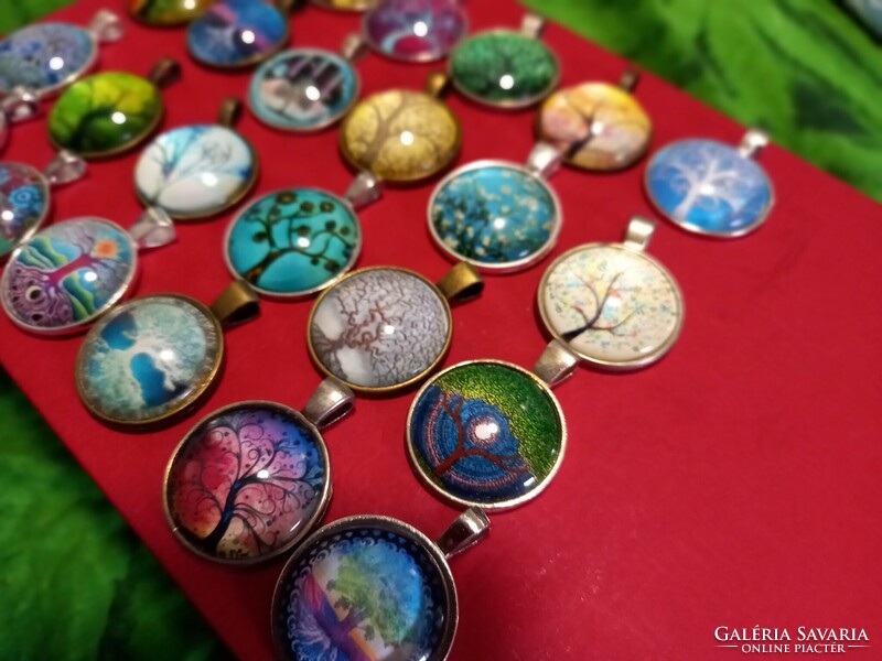Bronze and silver-plated pendants, amulets with tree of life glass lenses