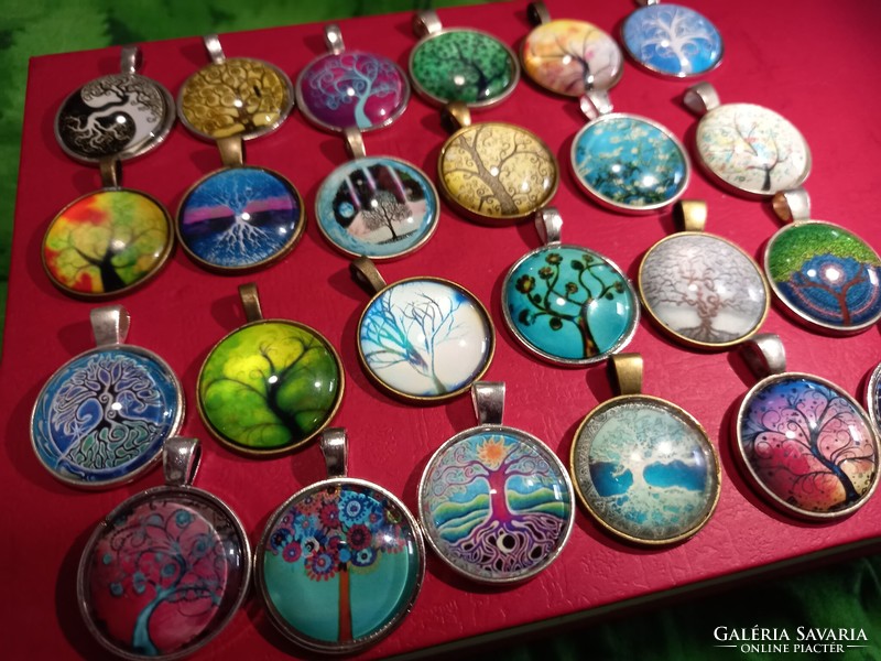 Bronze and silver-plated pendants, amulets with tree of life glass lenses