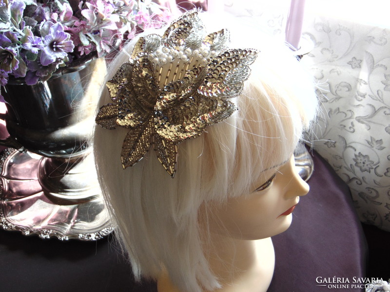 Dress decoration with sequins and pearls, headdress