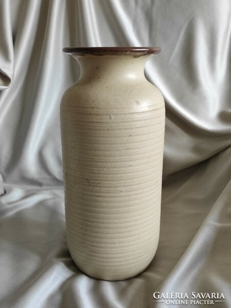 Cylindrical coffee and beige glazed classic retro ceramic vase from the heritage of Inke László and Márta