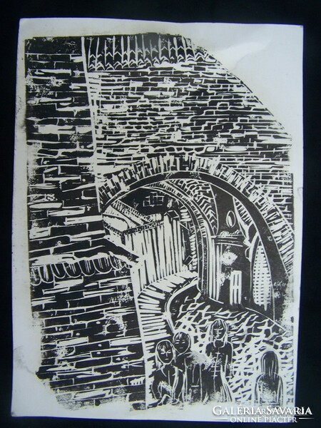 Hungarian artist, xx: middle of the century: hikers in the old town. Linoleum section 29 x 21 cm without marking