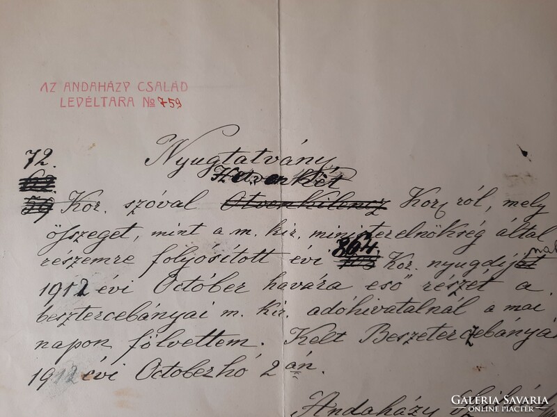 Az Andaházy család levéltára No.759 : Nyugtatvány nyugdíj átvételéről 1905.10.01.