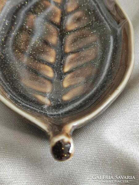 Discreetly shiny tiny brown gold-colored leaf ceramic bowl from the legacy of Inke László and Márta