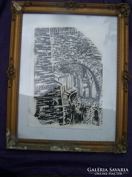 Hungarian artist, xx: middle of the century: hikers in the old town. Linoleum section 29 x 21 cm without marking