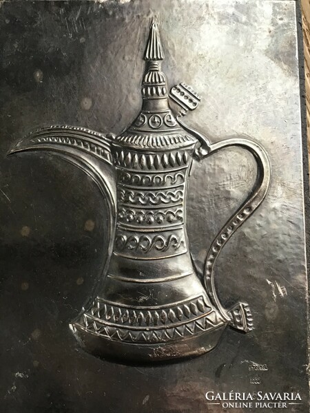 Old handmade oriental silver covered wall wood picture, marked