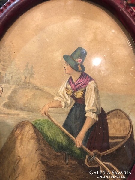 XIX. századi biedermeier akvarell, 18 cm-es magasságú.
