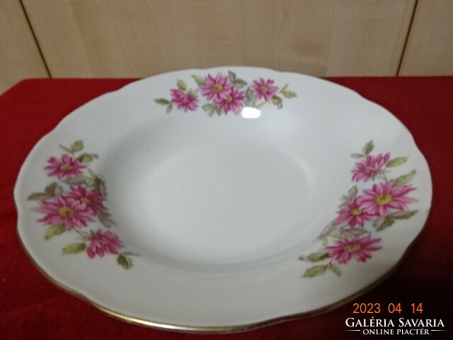 Chinese porcelain deep plate with six cyclamen-colored flowers. Jokai.