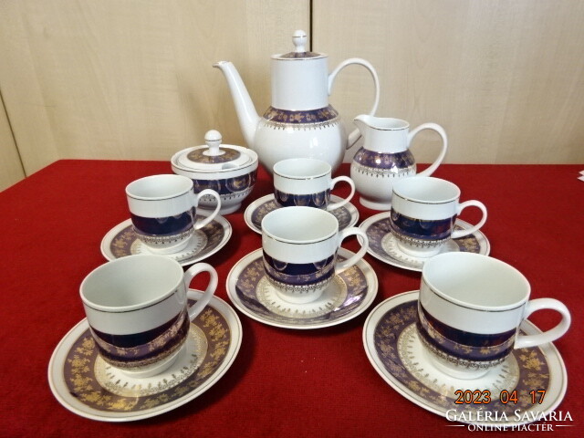 Brazilian porcelain, coffee set for six, on a cobalt blue background with a gilded pattern. Jokai.