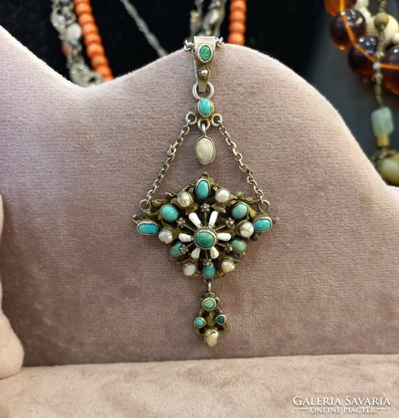 Antique silver necklace with turquoise pearls and fire enamel