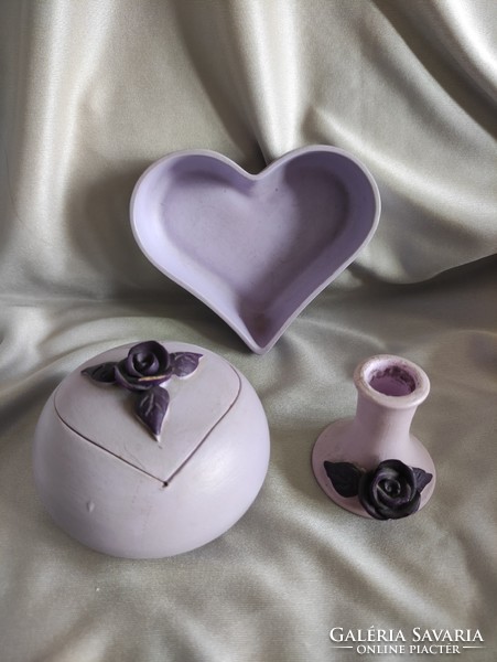 Rose decorative heart-shaped purple ceramic bowl vase bonbiner set from the legacy of Inke László and Márta