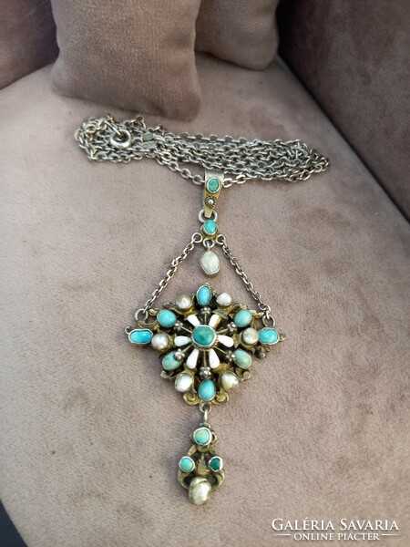 Antique silver necklace with turquoise pearls and fire enamel