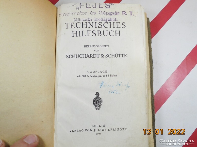 Technisches Hilfscbuch, német technikai könyv, antik 1923-as kiadás, Budapest Teréz körút 46. képpel