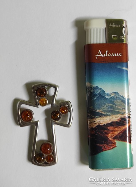 Silver amber cross pendant