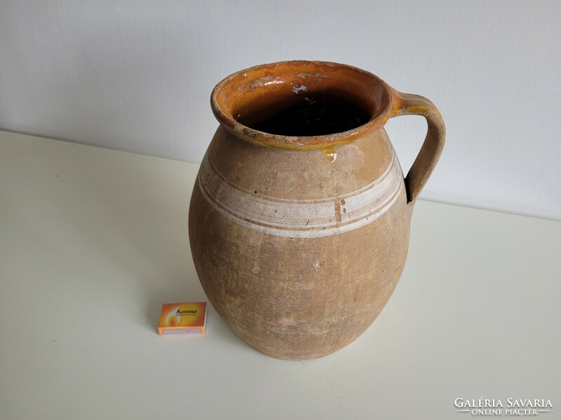 Old inside-glazed folk 30 cm earthenware pot pot pot with handle jug spout earthenware jug linen pot