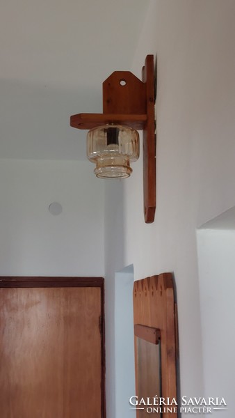 Wooden framed mirror and wall lamp, with yellow glass cover, old antique, retro, unique, hall set